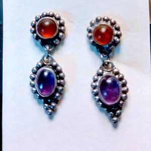 Genuine Amber & Amethyst sterling silver earrings